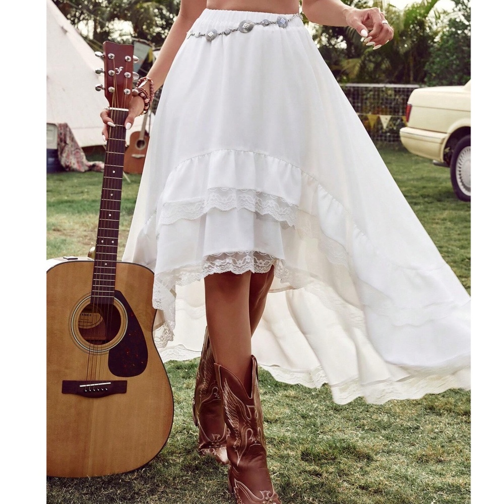 Boho White lace High low Stretchy Waist Maxi Skirt